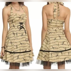 Size S - Hot Topic Tulle Women’s Halter Dress Tan Black Music Note Novelty Retro